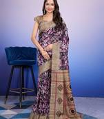 Purple elegant printed silk cotton saree with blouse piece