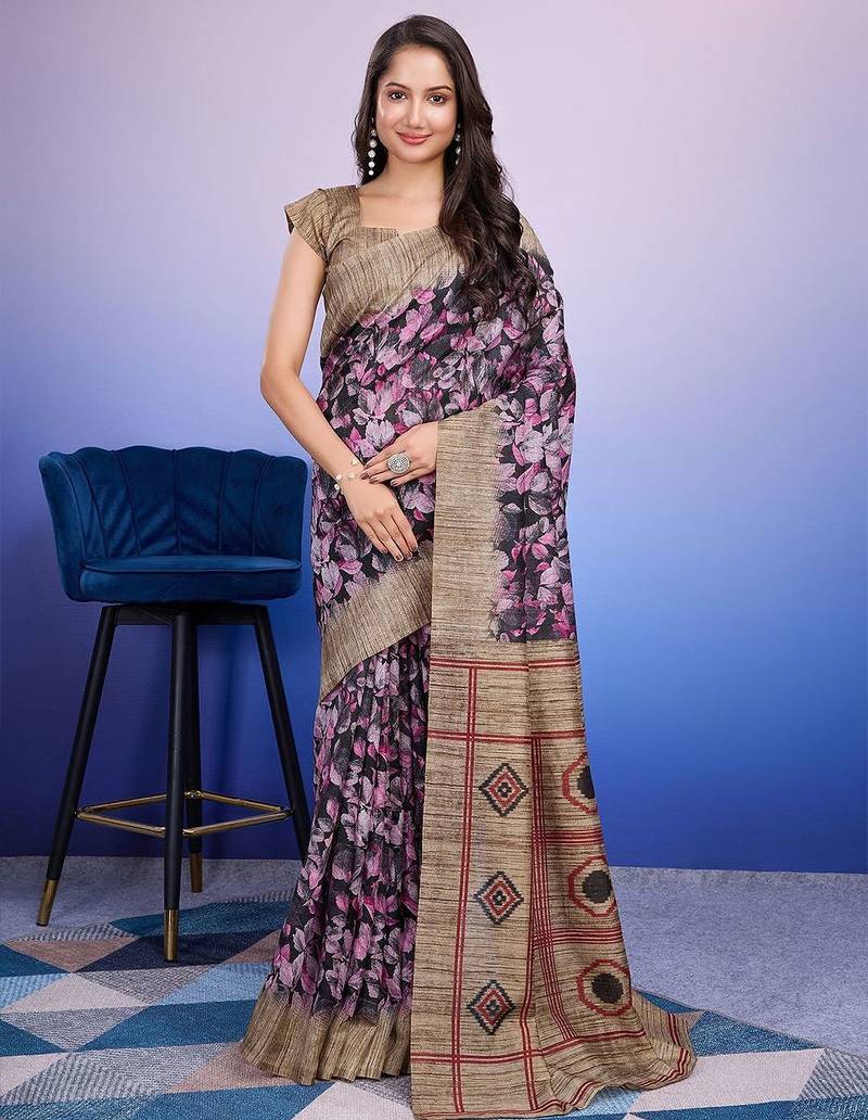 Purple elegant printed silk cotton saree with blouse piece