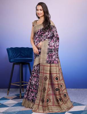 Purple elegant printed silk cotton saree with blouse piece 2
