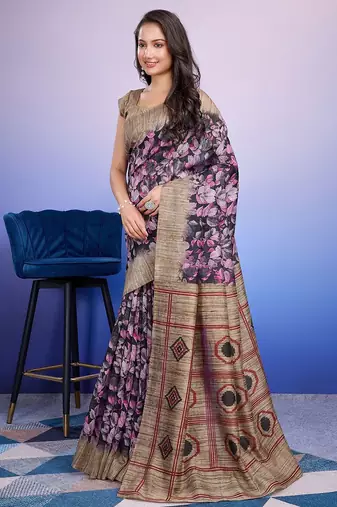 Purple elegant printed silk cotton saree with blouse piece