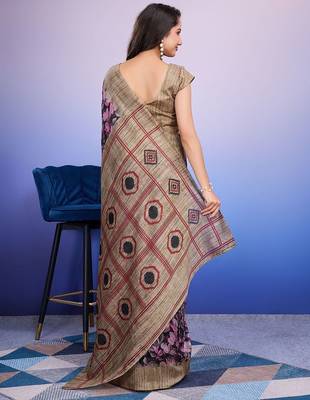 Purple elegant printed silk cotton saree with blouse piece 3