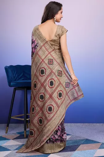 Purple elegant printed silk cotton saree with blouse piece