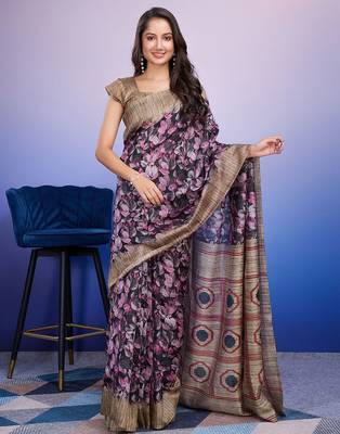 Purple elegant printed silk cotton saree with blouse piece 4