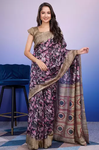Purple elegant printed silk cotton saree with blouse piece