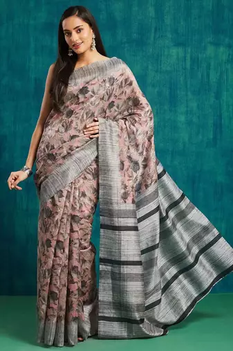 Pink floral printed jute casual saree with blouse piece