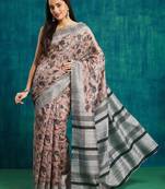 Pink floral printed jute casual saree with blouse piece