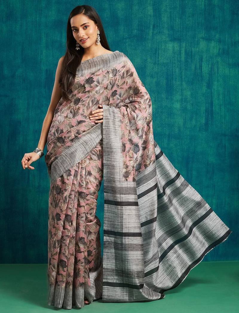 Pink floral printed jute casual saree with blouse piece