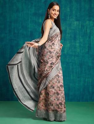 Pink floral printed jute casual saree with blouse piece 2