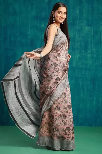 Pink floral printed jute casual saree with blouse piece