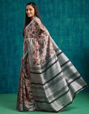 Pink floral printed jute casual saree with blouse piece 3