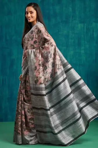 Pink floral printed jute casual saree with blouse piece