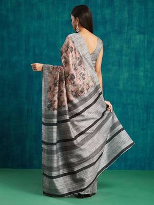 Pink floral printed jute casual saree with blouse piece 4