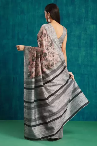 Pink floral printed jute casual saree with blouse piece