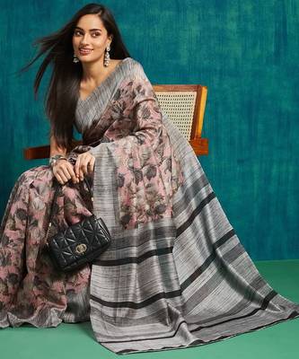 Pink floral printed jute casual saree with blouse piece 5