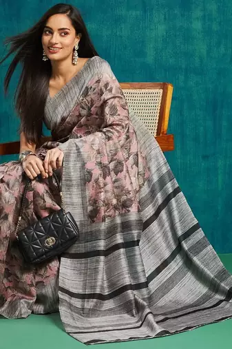 Pink floral printed jute casual saree with blouse piece