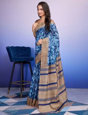 Blue elegant printed silk cotton saree with blouse piece 1