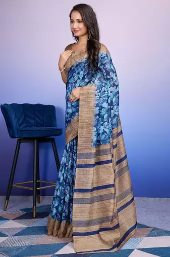 Blue elegant printed silk cotton saree with blouse piece