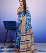 Blue elegant printed silk cotton saree with blouse piece