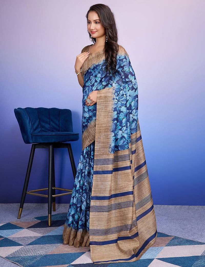Blue elegant printed silk cotton saree with blouse piece