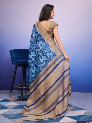 Blue elegant printed silk cotton saree with blouse piece 2