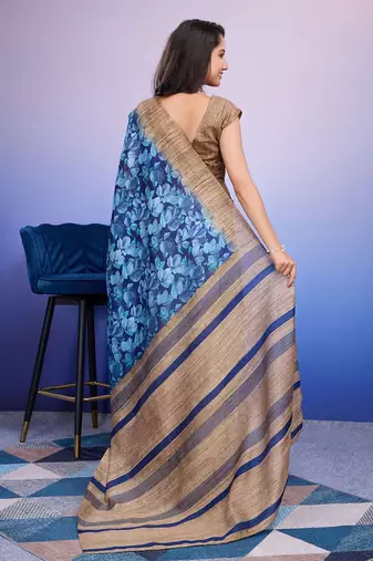 Blue elegant printed silk cotton saree with blouse piece
