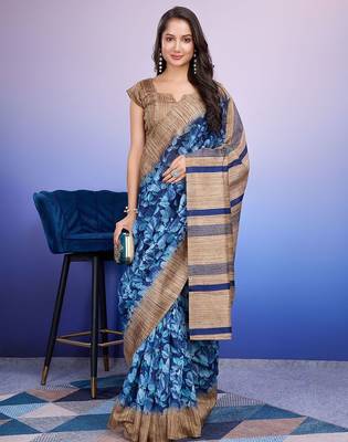 Blue elegant printed silk cotton saree with blouse piece 3