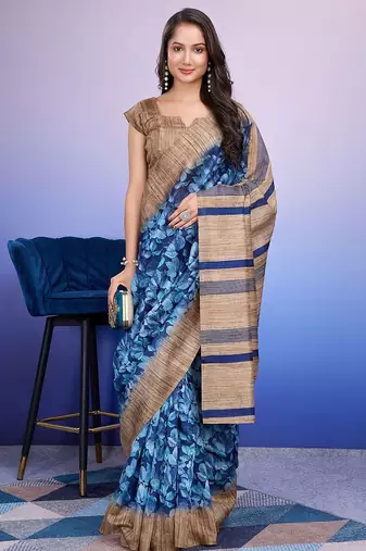 Blue elegant printed silk cotton saree with blouse piece