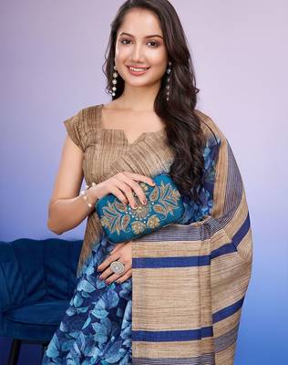 Blue elegant printed silk cotton saree with blouse piece 4