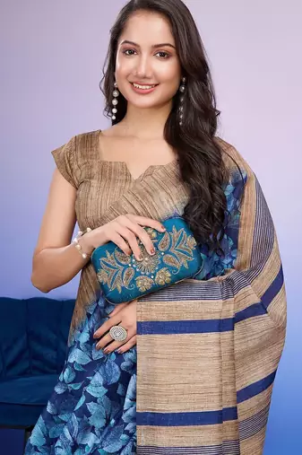 Blue elegant printed silk cotton saree with blouse piece