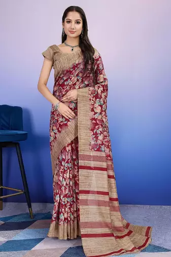 Red elegant printed silk cotton saree with blouse piece