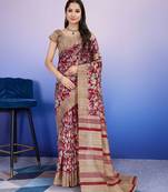 Red elegant printed silk cotton saree with blouse piece