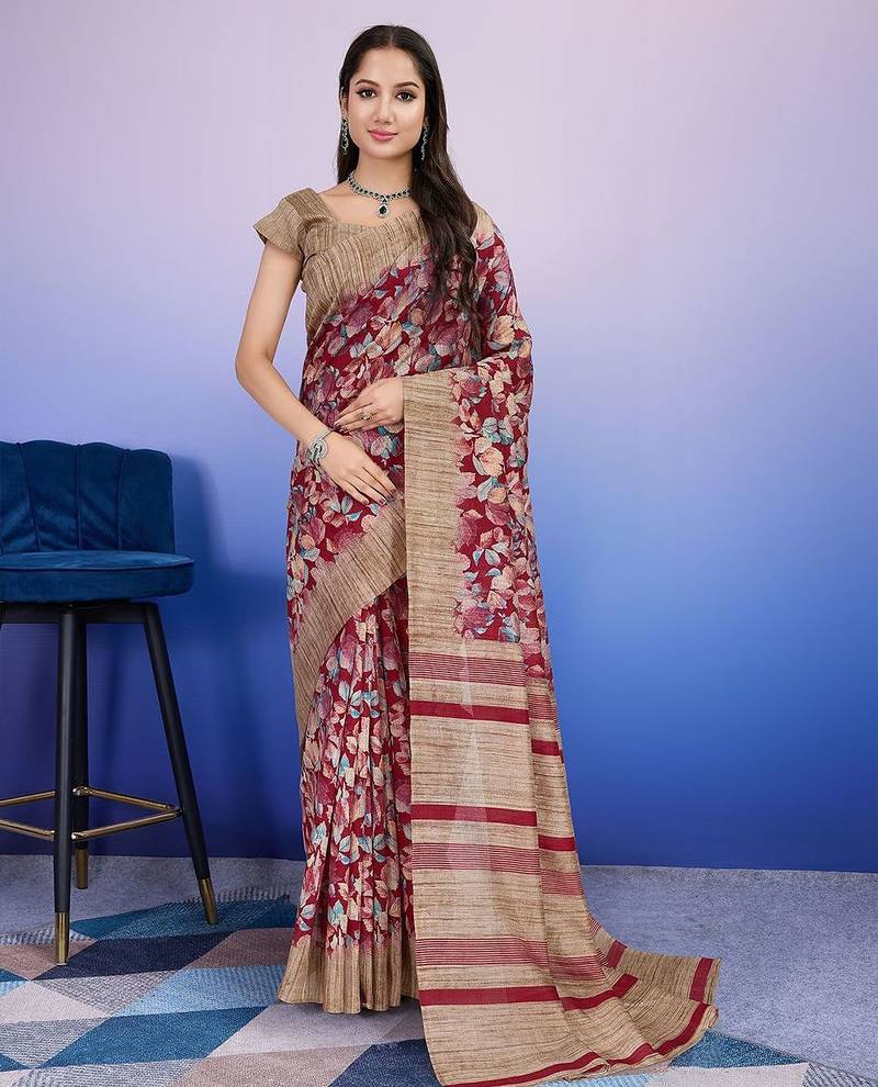 Red elegant printed silk cotton saree with blouse piece