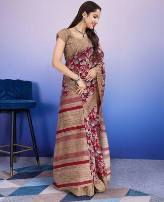 Red elegant printed silk cotton saree with blouse piece 2