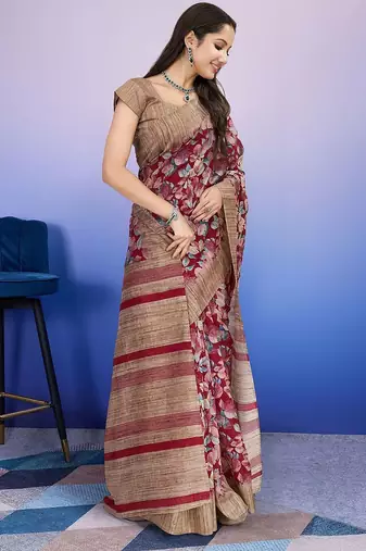 Red elegant printed silk cotton saree with blouse piece