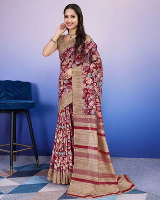 Red elegant printed silk cotton saree with blouse piece 3