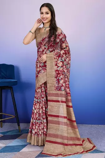 Red elegant printed silk cotton saree with blouse piece