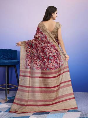 Red elegant printed silk cotton saree with blouse piece 4