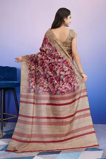 Red elegant printed silk cotton saree with blouse piece
