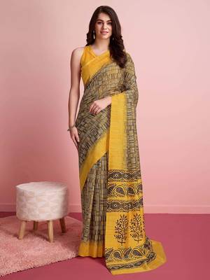 Yellow elegant printed silk cotton saree with blouse piece 1