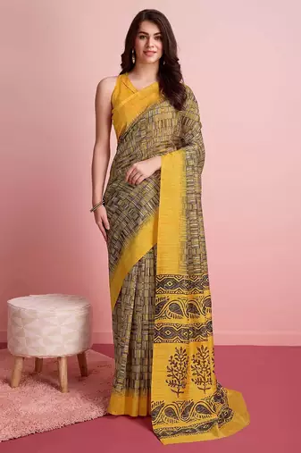 Yellow elegant printed silk cotton saree with blouse piece