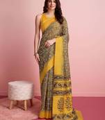 Yellow elegant printed silk cotton saree with blouse piece