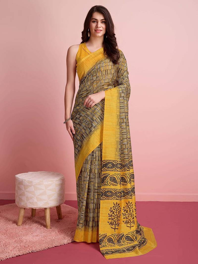Yellow elegant printed silk cotton saree with blouse piece