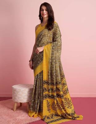 Yellow elegant printed silk cotton saree with blouse piece 2
