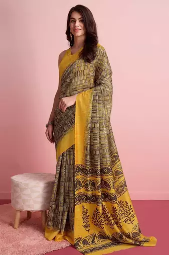 Yellow elegant printed silk cotton saree with blouse piece