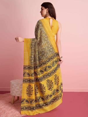 Yellow elegant printed silk cotton saree with blouse piece 3