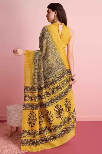 Yellow elegant printed silk cotton saree with blouse piece