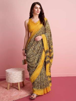 Yellow elegant printed silk cotton saree with blouse piece 4