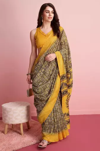 Yellow elegant printed silk cotton saree with blouse piece