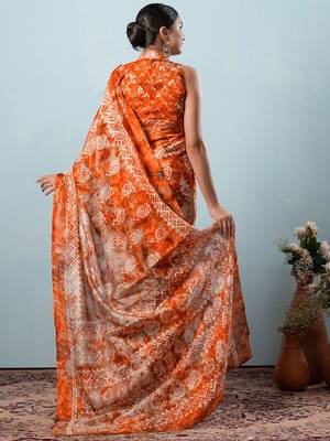 Orange printed silk blend ethnic saree with blouse piece 2