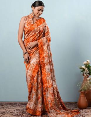Orange printed silk blend ethnic saree with blouse piece 3